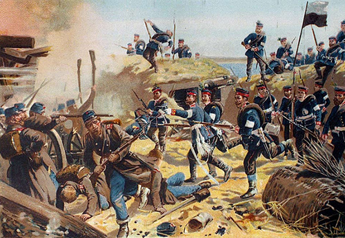 Preussiske tropper stormer de danske skanser ved Dybbøl